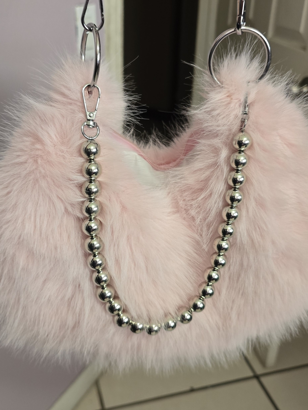 Pink Faux Fur Shoulder Bag with Silver Beaded Strap